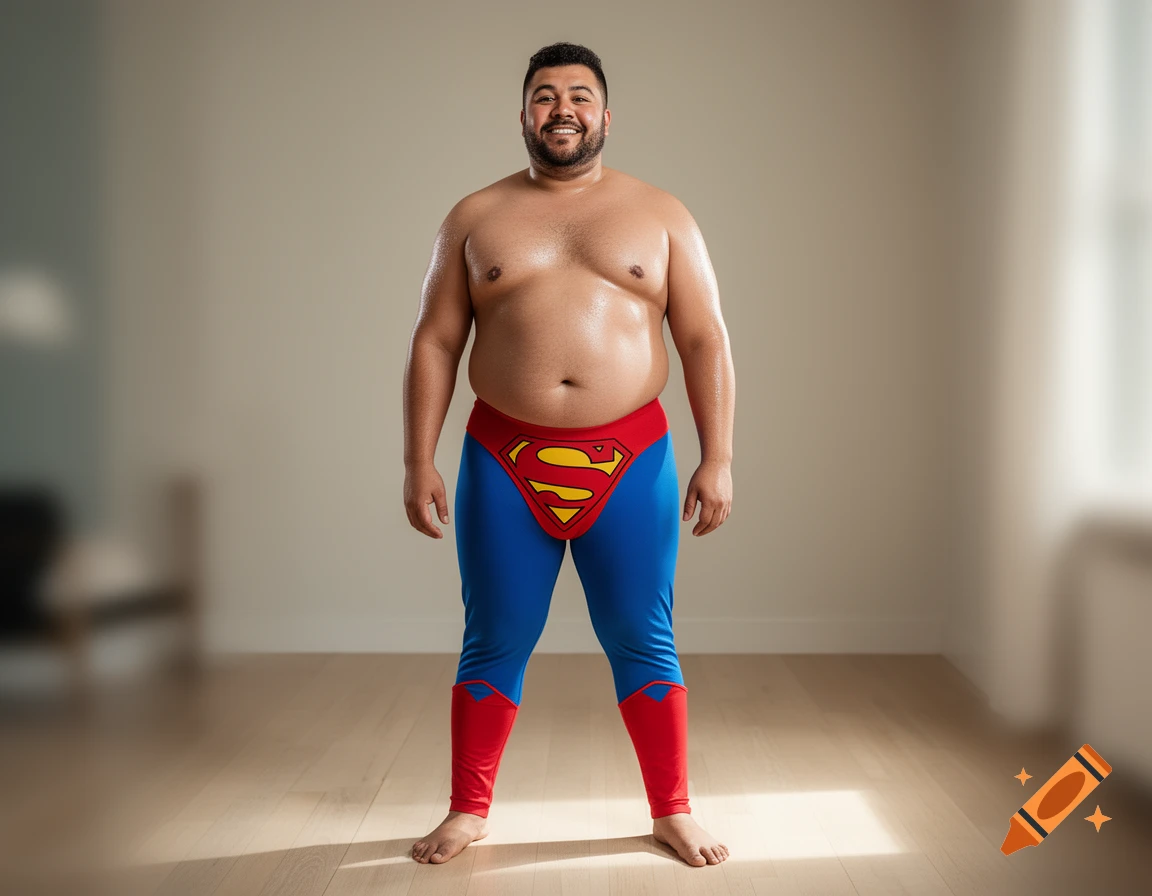 An overweight man with a beard stands shirtless in a brightly lit room, wearing blue Superman pants with red accents.
