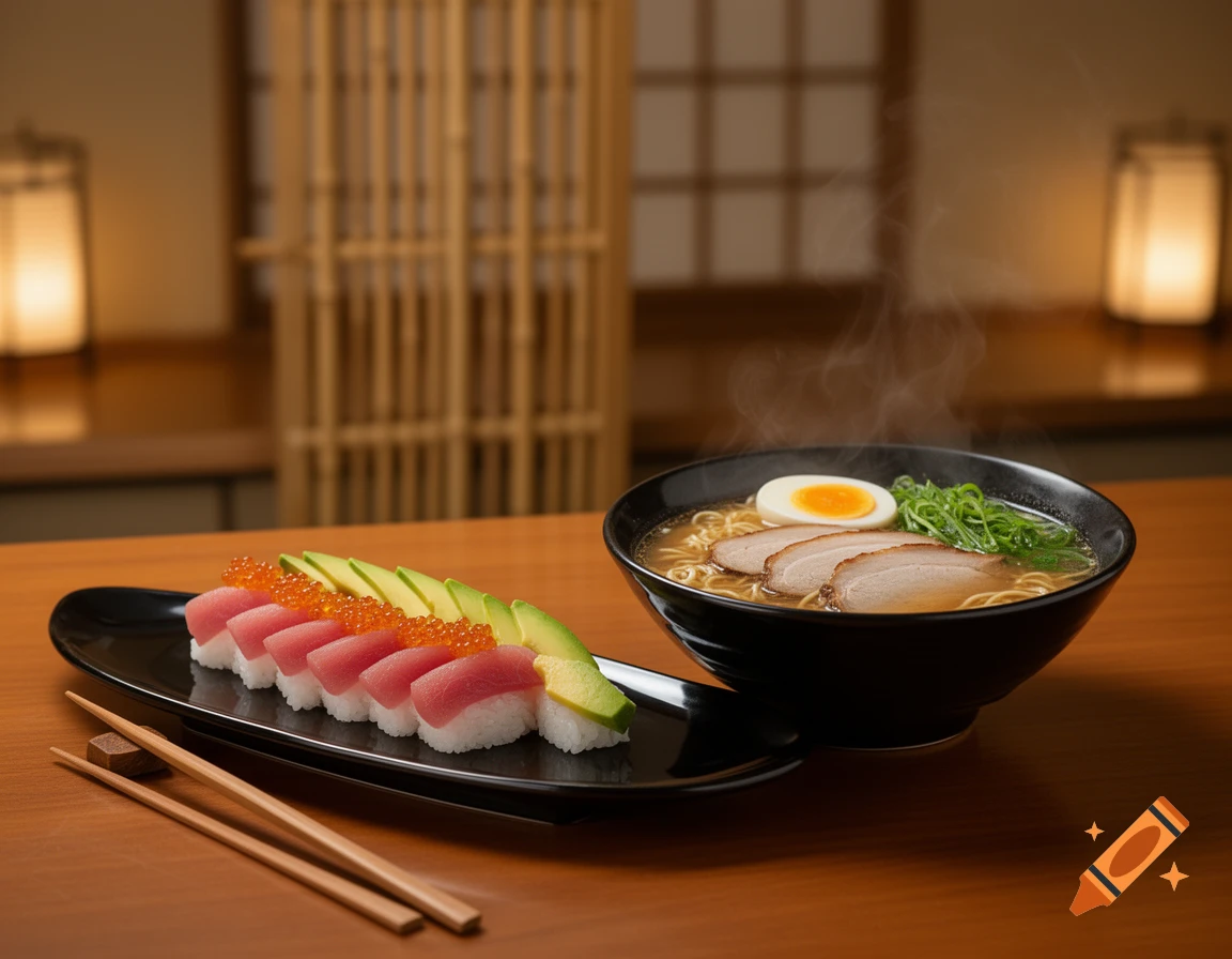 A steaming bowl of ramen and a plate of tuna and avocado sushi with chopsticks on a wooden table, photorealistic.