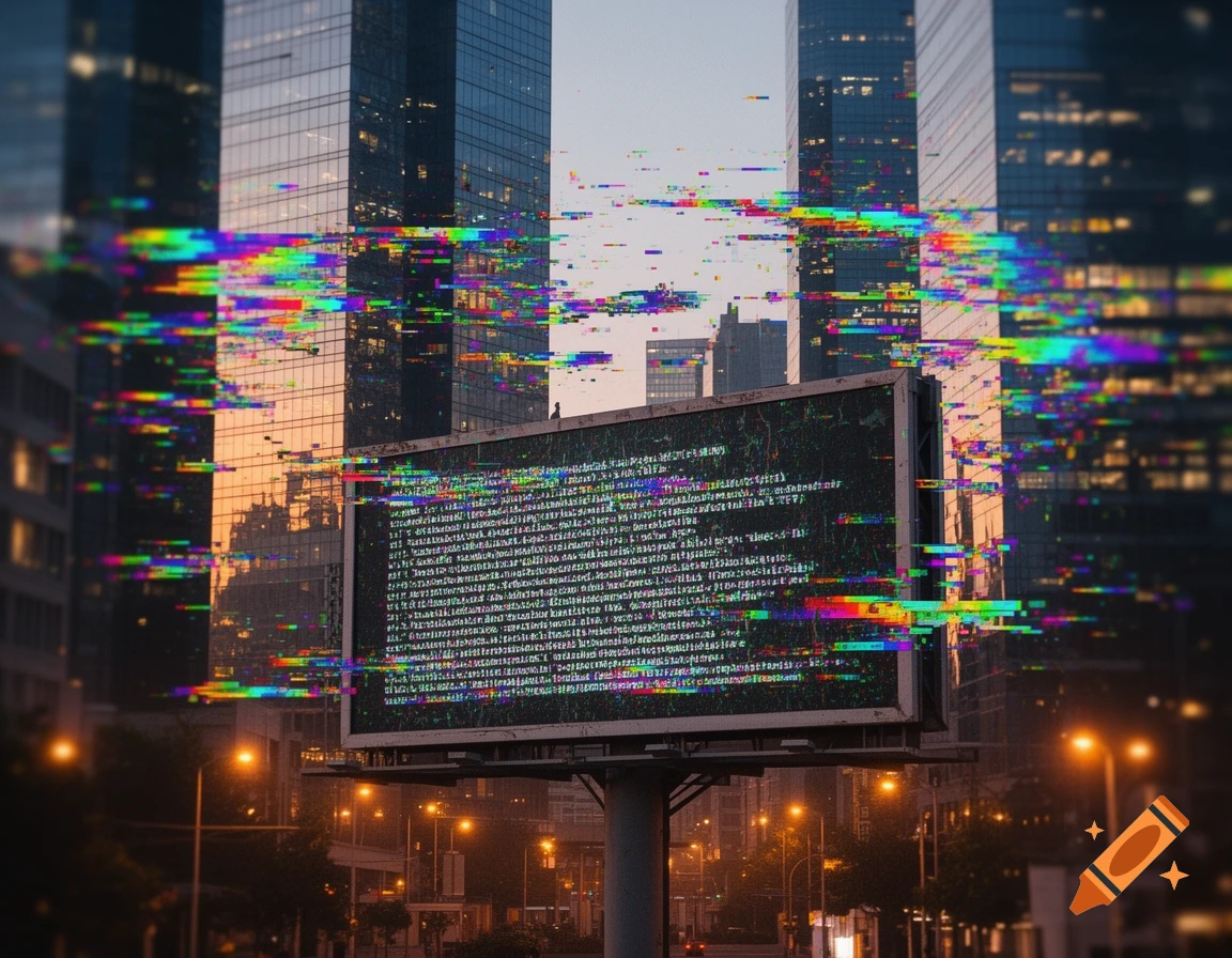 A nighttime city scene with tall buildings, featuring a large billboard displaying green glitched code and colorful digital static effects across the sky.