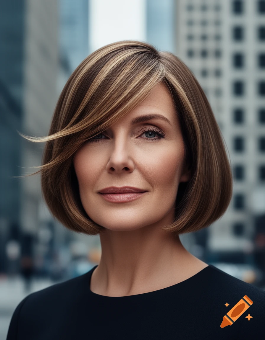 Photorealistic portrait of a middle-aged woman with a short bob haircut and side-swept bangs, in a city.