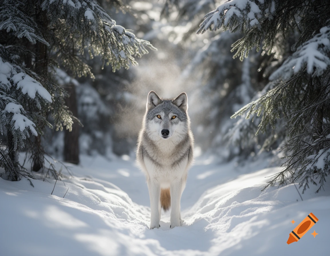 A majestic wolf with golden eyes stands centered in a sunlit, snow-covered forest.