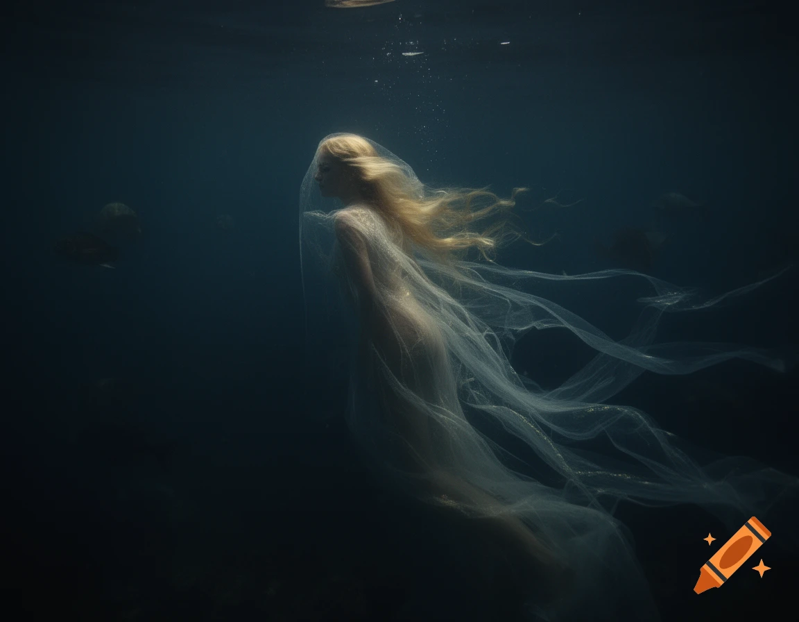 A fantasy woman with blonde hair and a flowing, translucent veil floats gracefully in dark blue underwater depths, with subtle light from above.