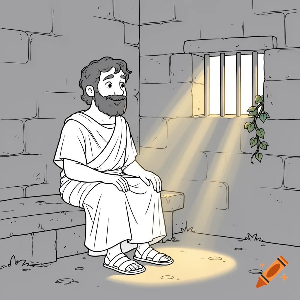 A smiling cartoon man in ancient robes sits in a prison cell, illuminated by light from a barred window with vines. Coloring book style.