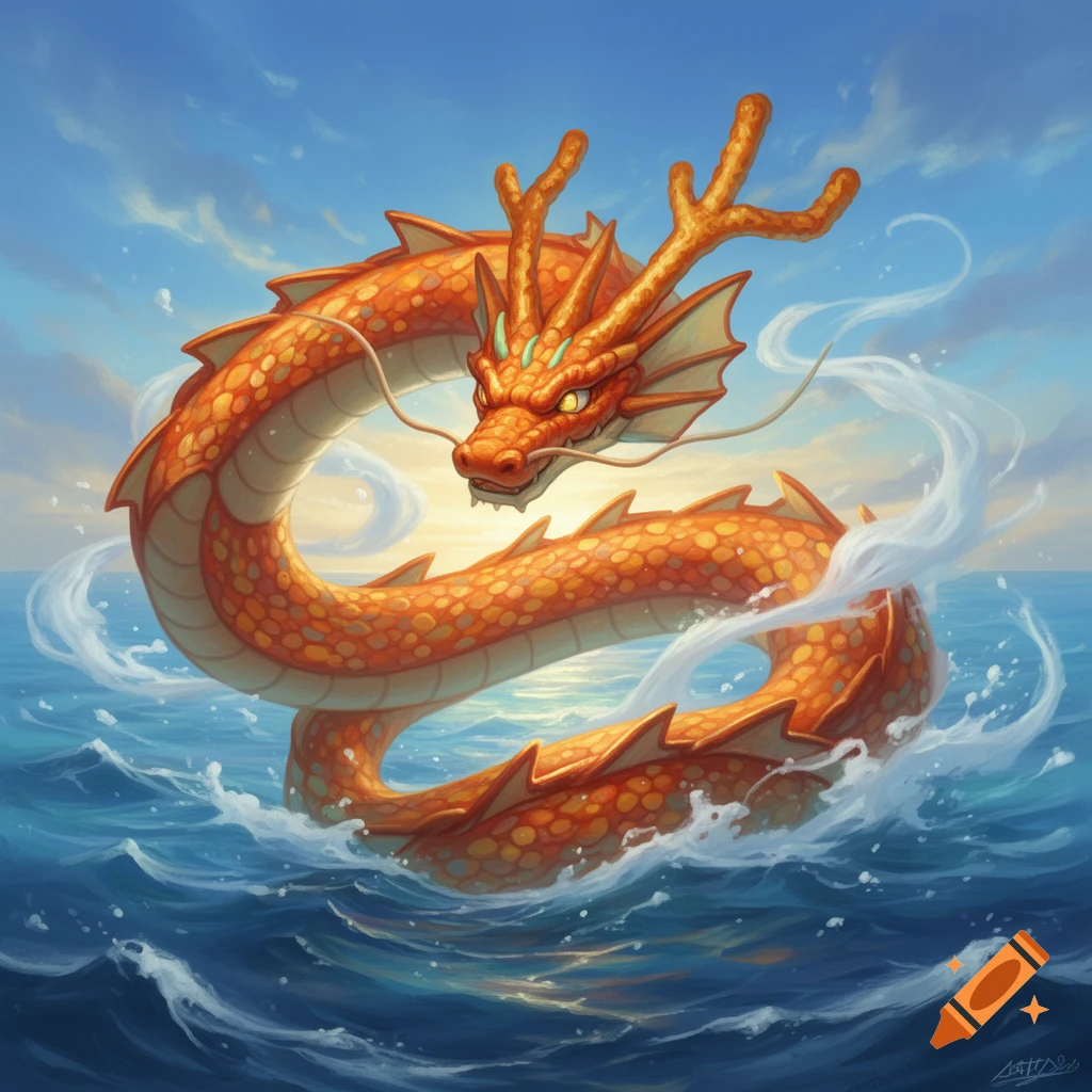 A vibrant orange, scaled dragon with antlers and whiskers emerges from a blue ocean with splashes, under a sunny sky in an illustrative style.