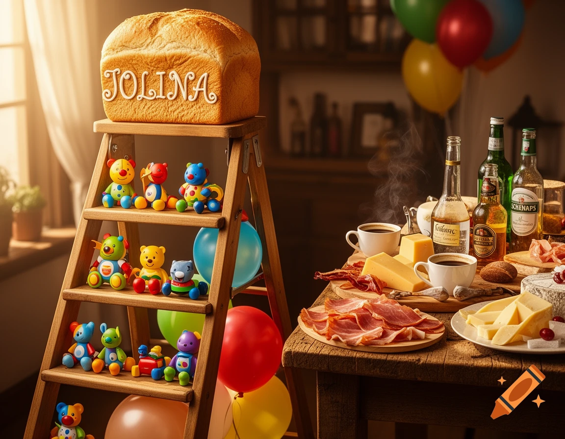 A festive scene with a ladder holding colorful toys and a loaf of bread inscribed "JOLINA", next to a table laden with ham, cheese, coffee, schnapps, and beer.
