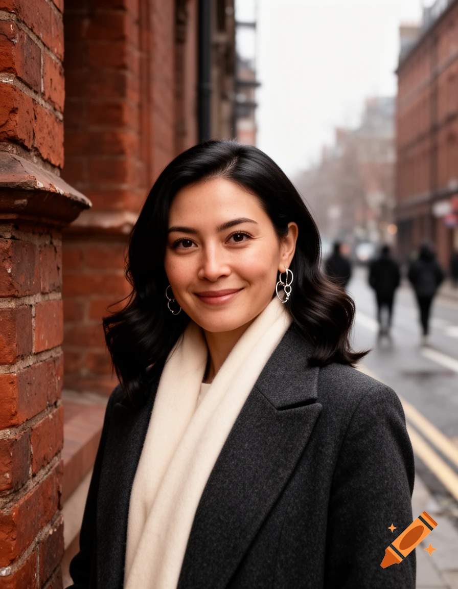 A smiling woman with dark hair, a white scarf, and a dark coat stands on a city street next to a brick building.