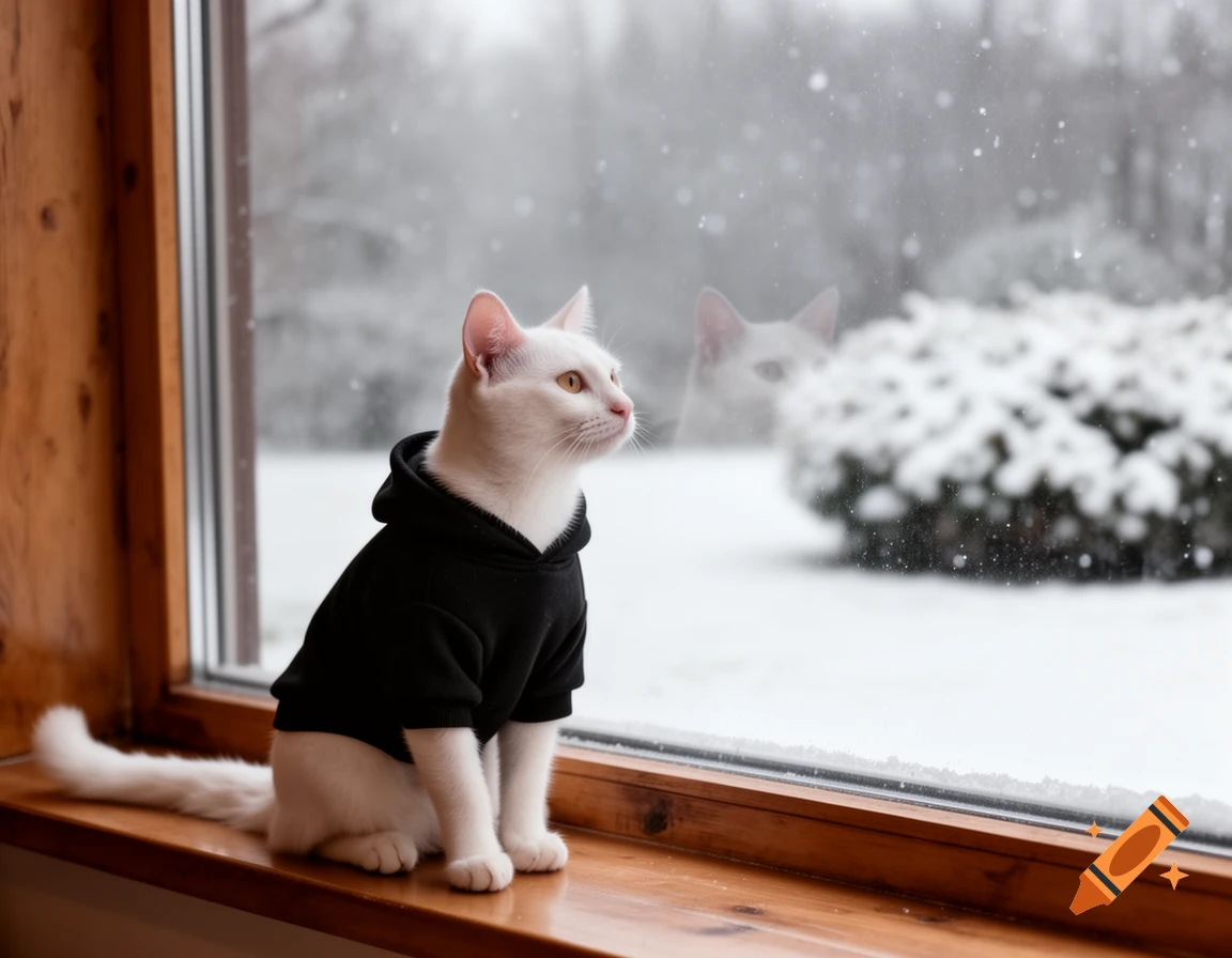 A white cat in a black hoodie sits on a wooden windowsill, looking out at a snowy landscape.