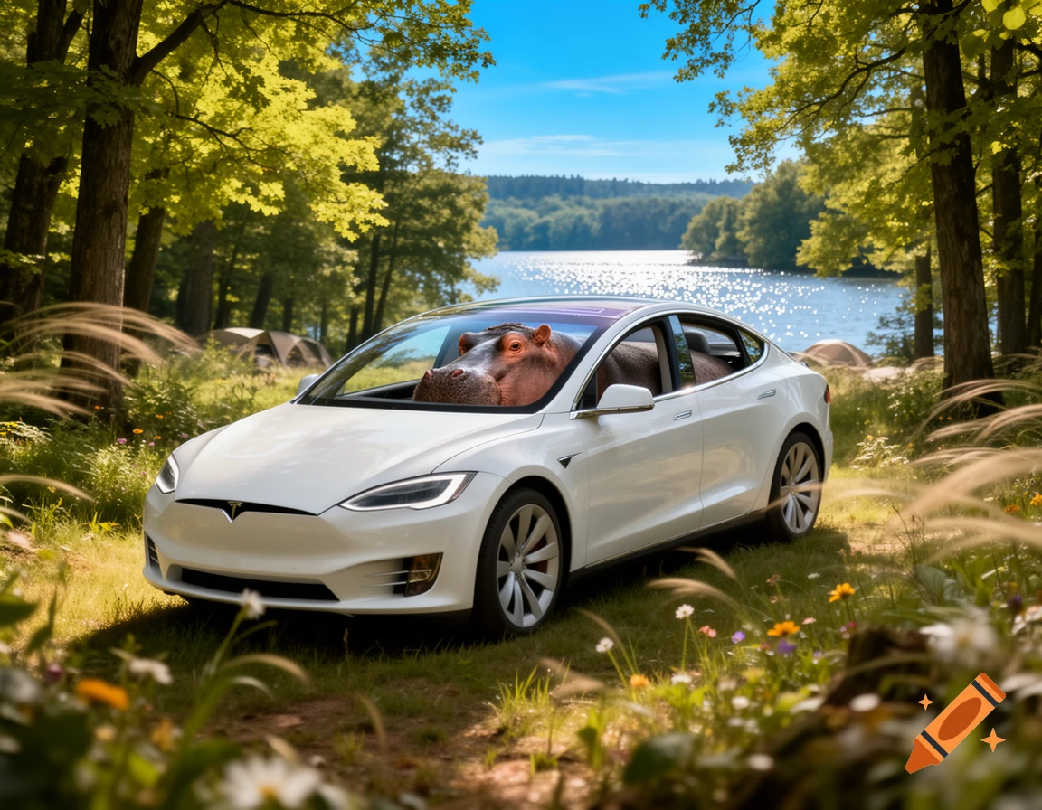 A photorealistic image of a hippo sitting in the driver's seat of a white Tesla, parked in a sunny forest clearing by a lake with tents visible in the background.