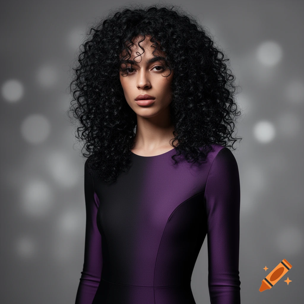 A woman with dark curly hair wears a black and purple gradient long-sleeved dress, posing against a bokeh background.