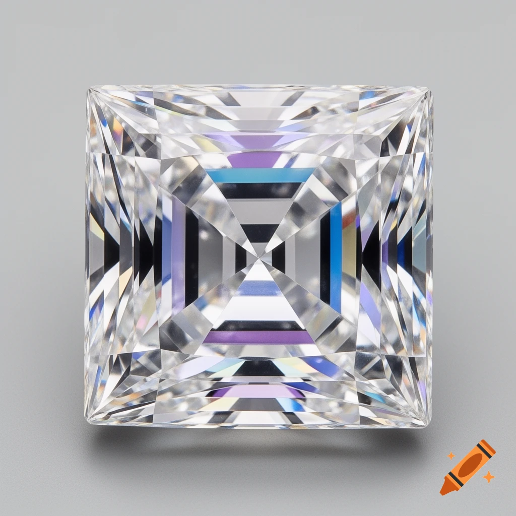 A clear, square-cut gemstone with intricate facets reflects light from a top-down perspective.