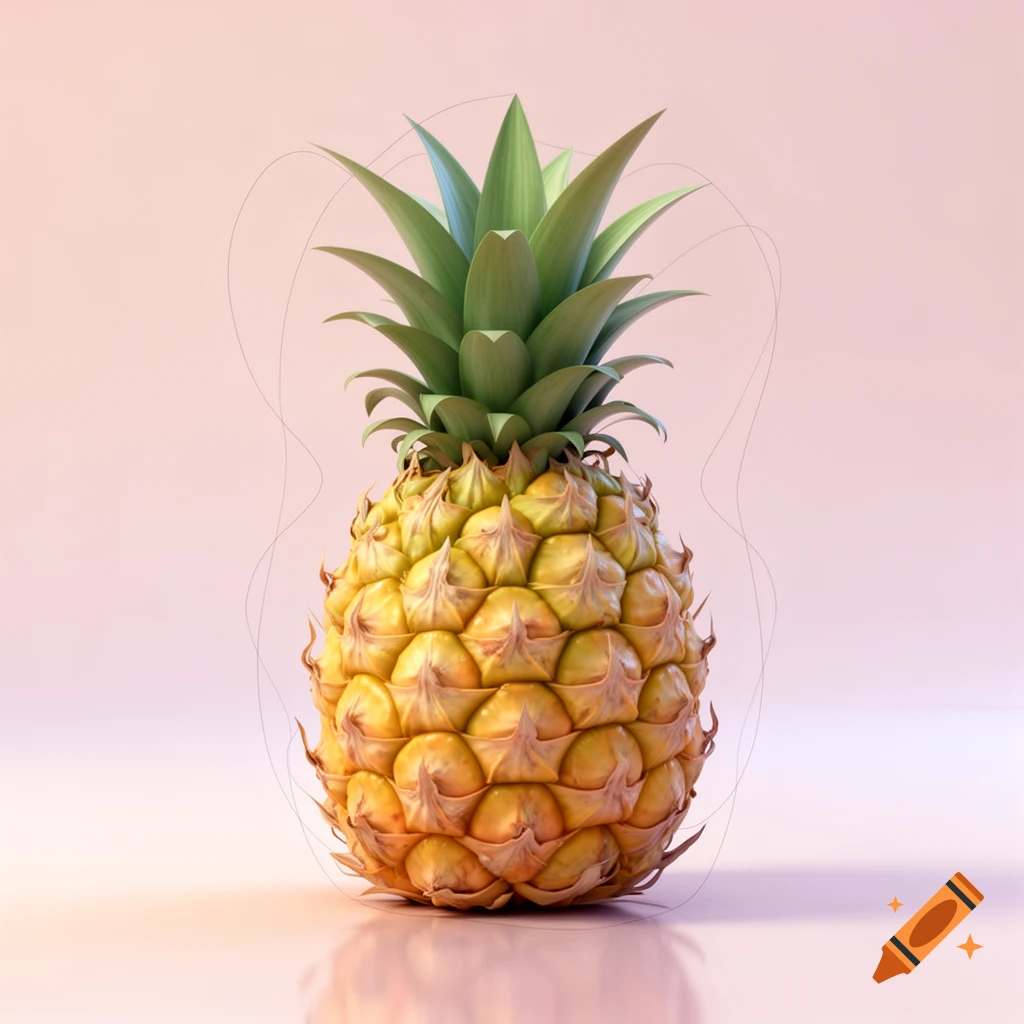A stylized 3D rendered pineapple with a faint outline, standing on a reflective surface against a pastel pink background.
