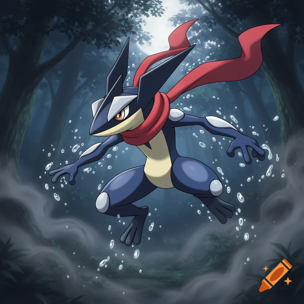 Greninja, a dark blue ninja frog Pokmon with a red scarf, leaps through water droplets in a misty, dark forest at night.