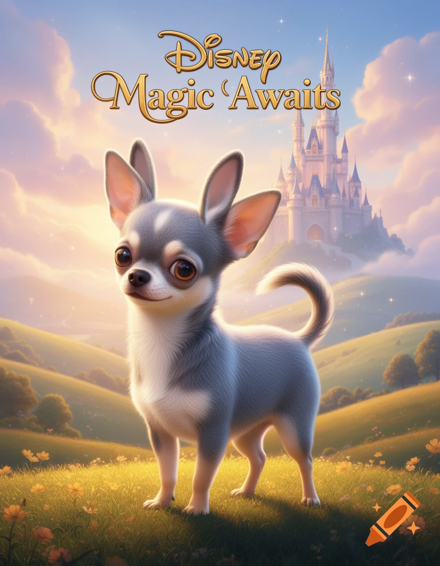 A cute chihuahua puppy stands in a magical, rolling green landscape with a Disney-style castle and text "Disney Magic 'Awaits" under a pastel sky.