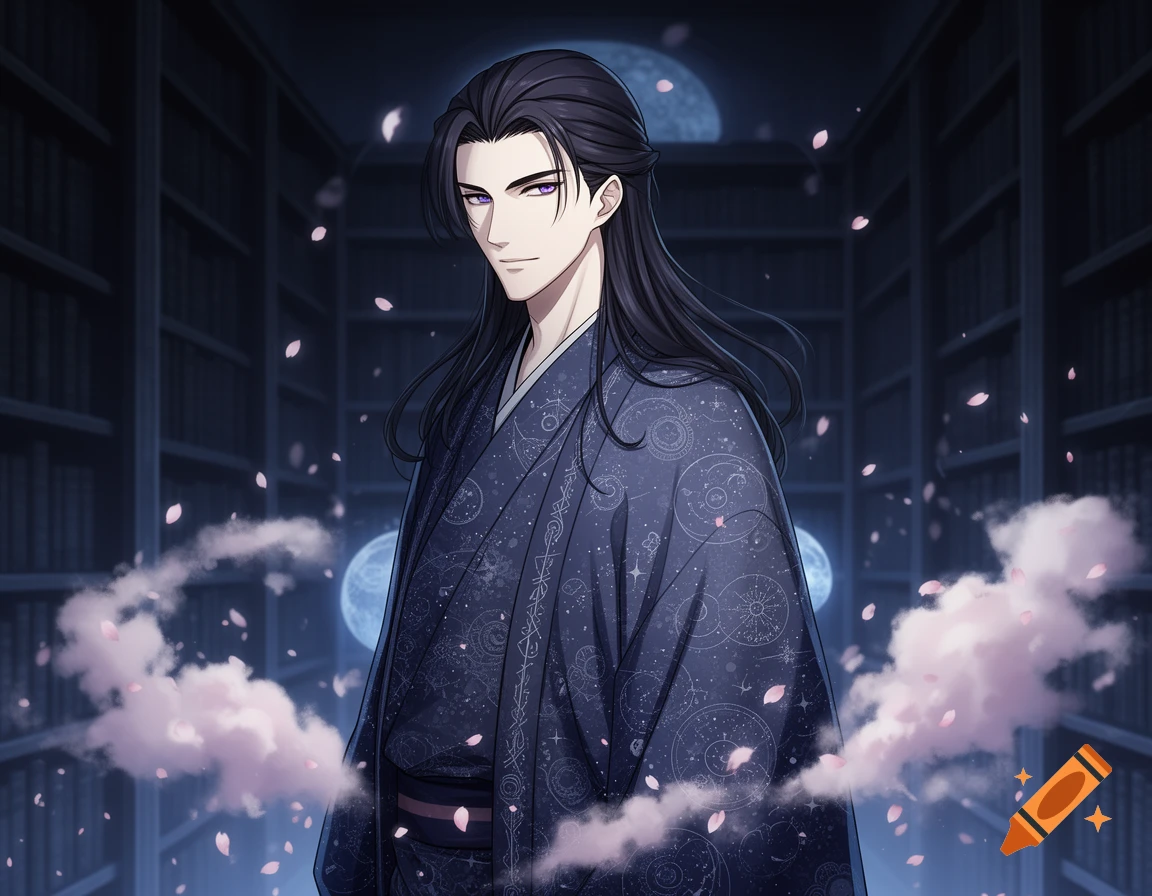 Anime man with long dark hair and purple eyes in a dark blue kimono, standing in a dim library with pink petals and a full moon.