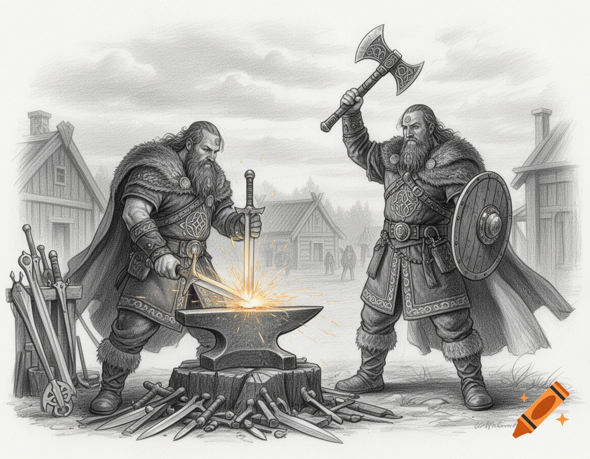 Pencil drawing of two bearded Vikings; one forges a sword, while the other stands ready with an axe and shield.