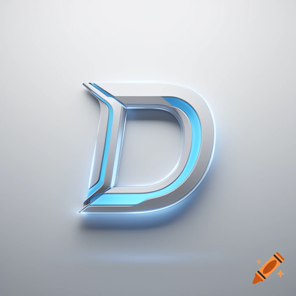 A metallic, futuristic letter D with sky blue accents and a soft blue glow against a light gray background.