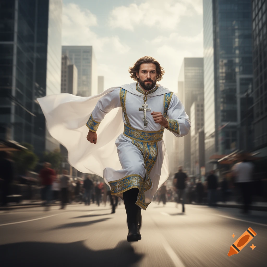 Photorealistic image of a bearded Eastern Orthodox superhero speedster in white robes, running with a cape flowing in a blurred city street.