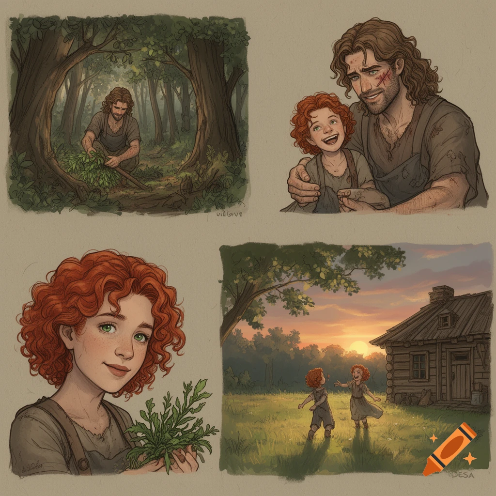 A four-panel sketch-style illustration showing a man foraging in a forest, a man embracing a laughing red-haired child, a red-haired girl holding plants, and two children playing near a cabin at sunset.