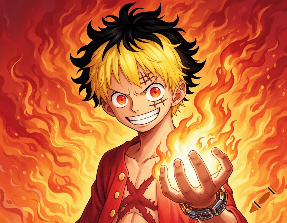 Anime character with spiky yellow and black hair, a scar on his face, red eyes, and a red shirt, smiling while conjuring fire amidst flames.