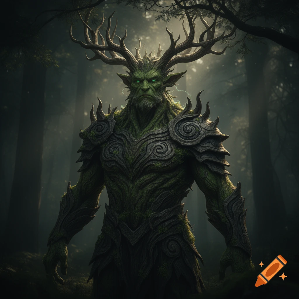 A majestic, mossy tree-like fantasy creature with large antlers and glowing green eyes stands in a dark, mystical forest.
