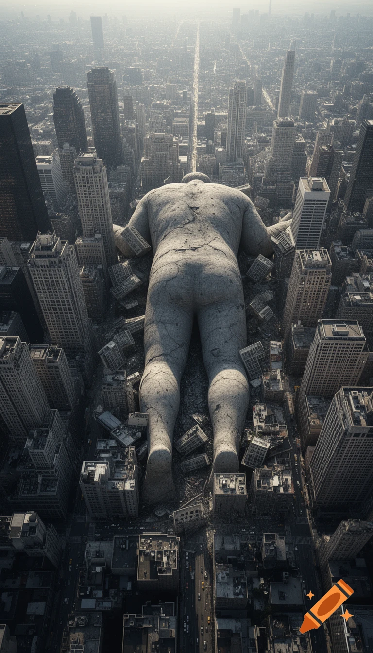 Aerial view of a colossal concrete giant lying face down, crushing buildings in a sprawling, photorealistic city.