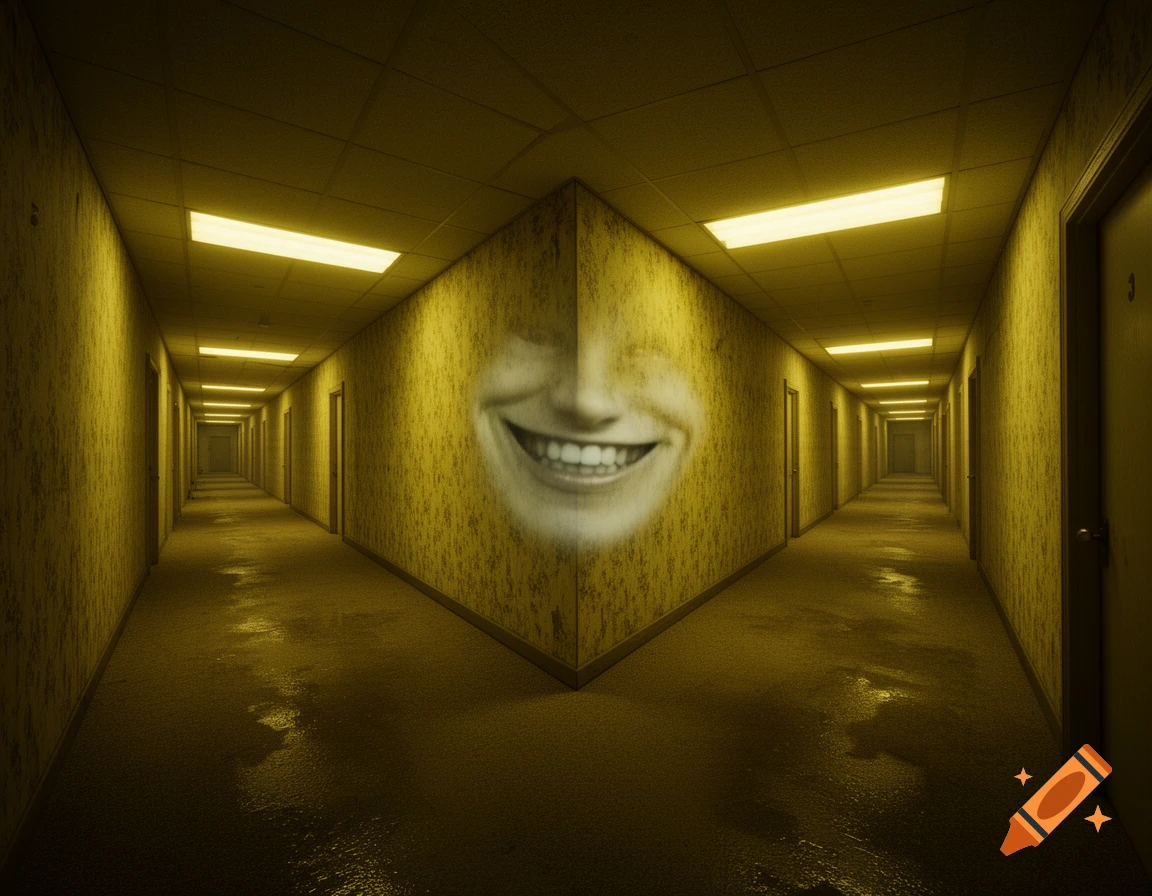 A long, yellow, wet Backrooms corridor with a large, eerie smiling face on the central wall.