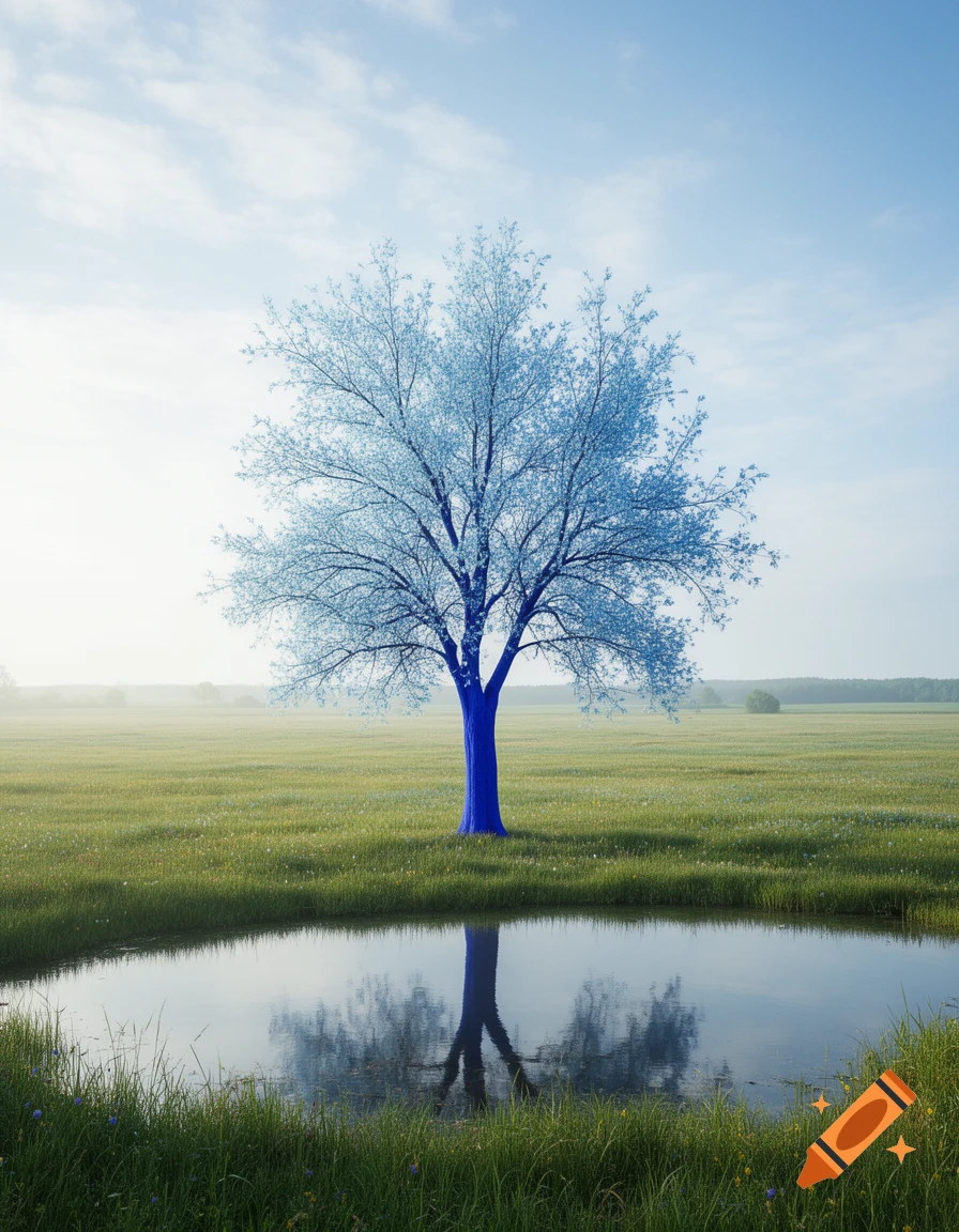 A vibrant blue tree stands alone in a green field with a calm pond reflecting its image under a clear sky.