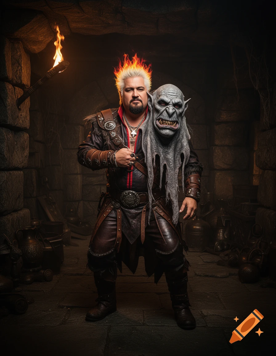Guy Fieri as a Dungeons & Dragons character with fiery hair, holding a troll face, in a dark dungeon with a torch.