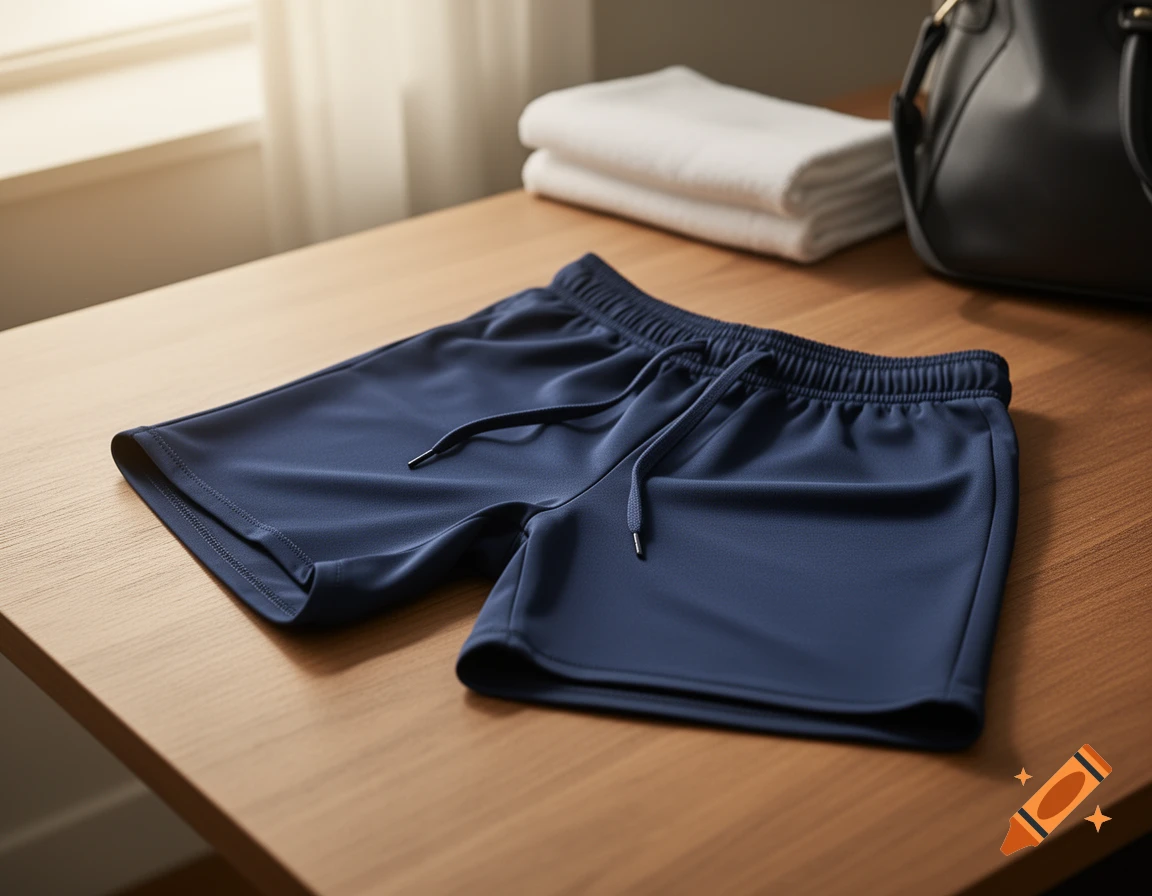 A pair of dark blue athletic shorts with a drawstring lies folded on a wooden table, next to white folded towels and a black bag.