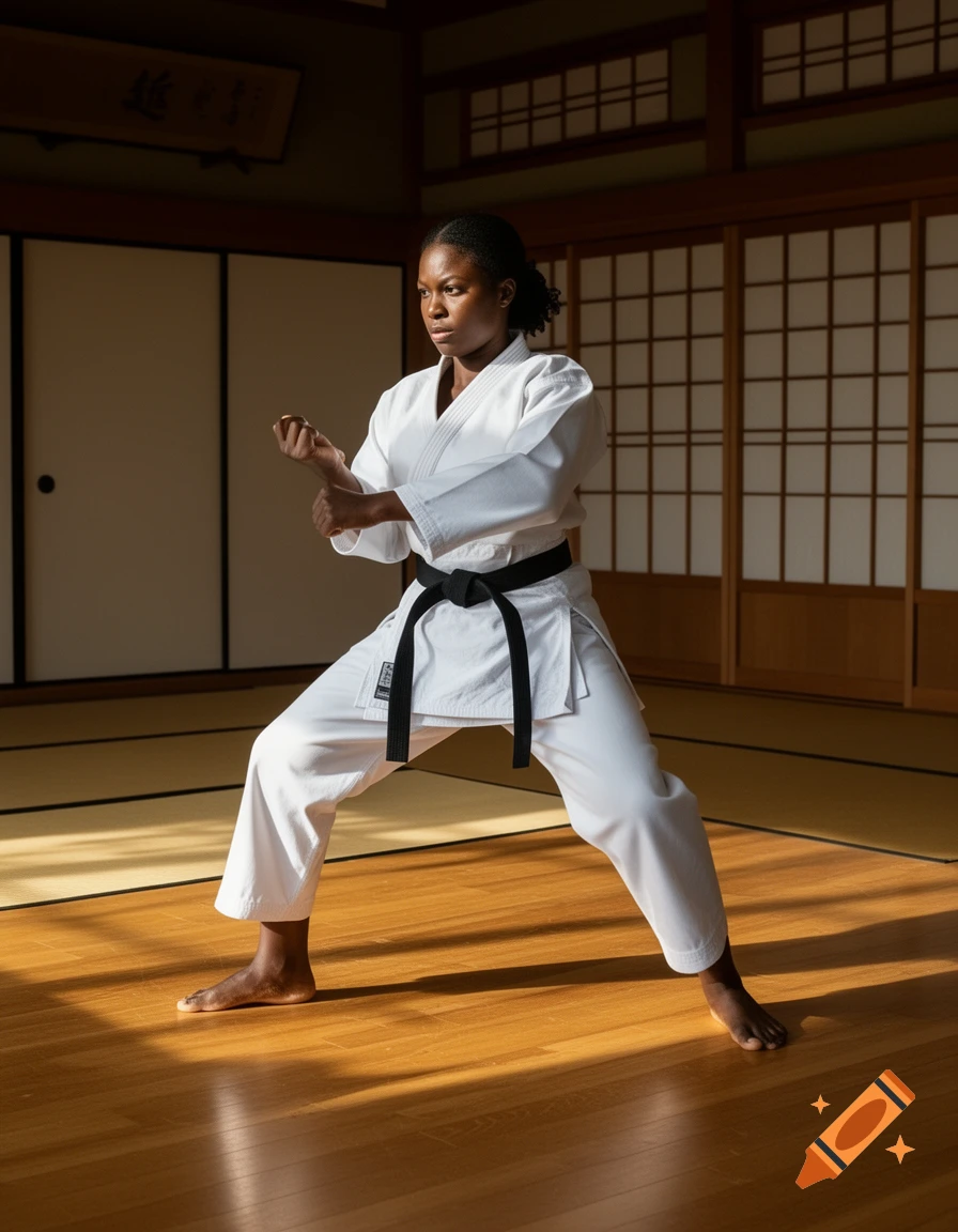 A Black woman in a white karate gi with a black belt performs a stance barefoot in a sunlit dojo.