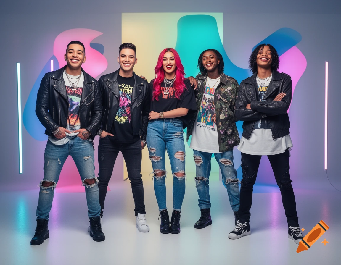 A modern pop group of five smiling young adults, dressed in trendy leather jackets and ripped jeans, pose against a vibrant abstract background with neon light bars.