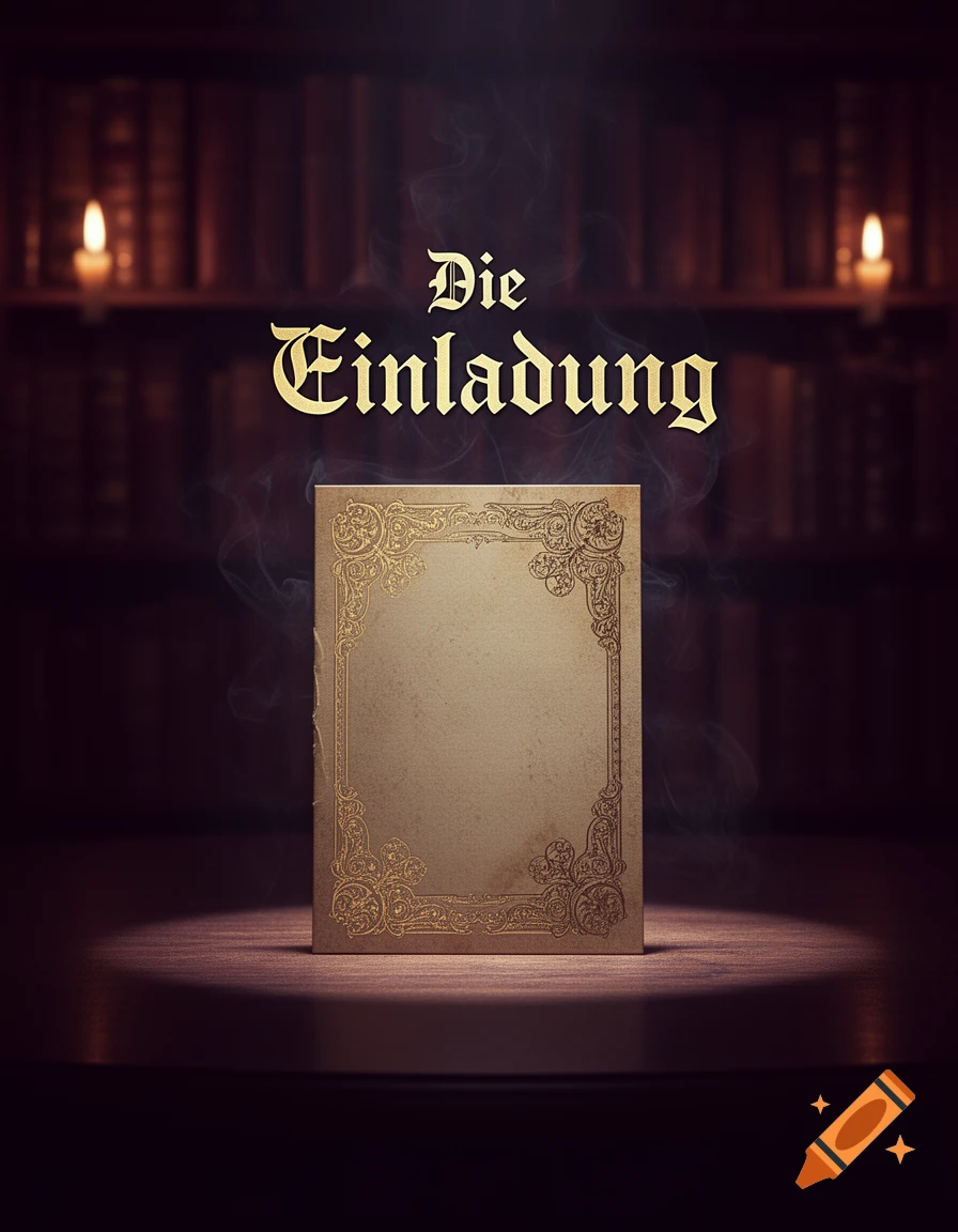 A mysterious old book cover titled 'Die Einladung' on a table, with candles and a library in the smoky background.