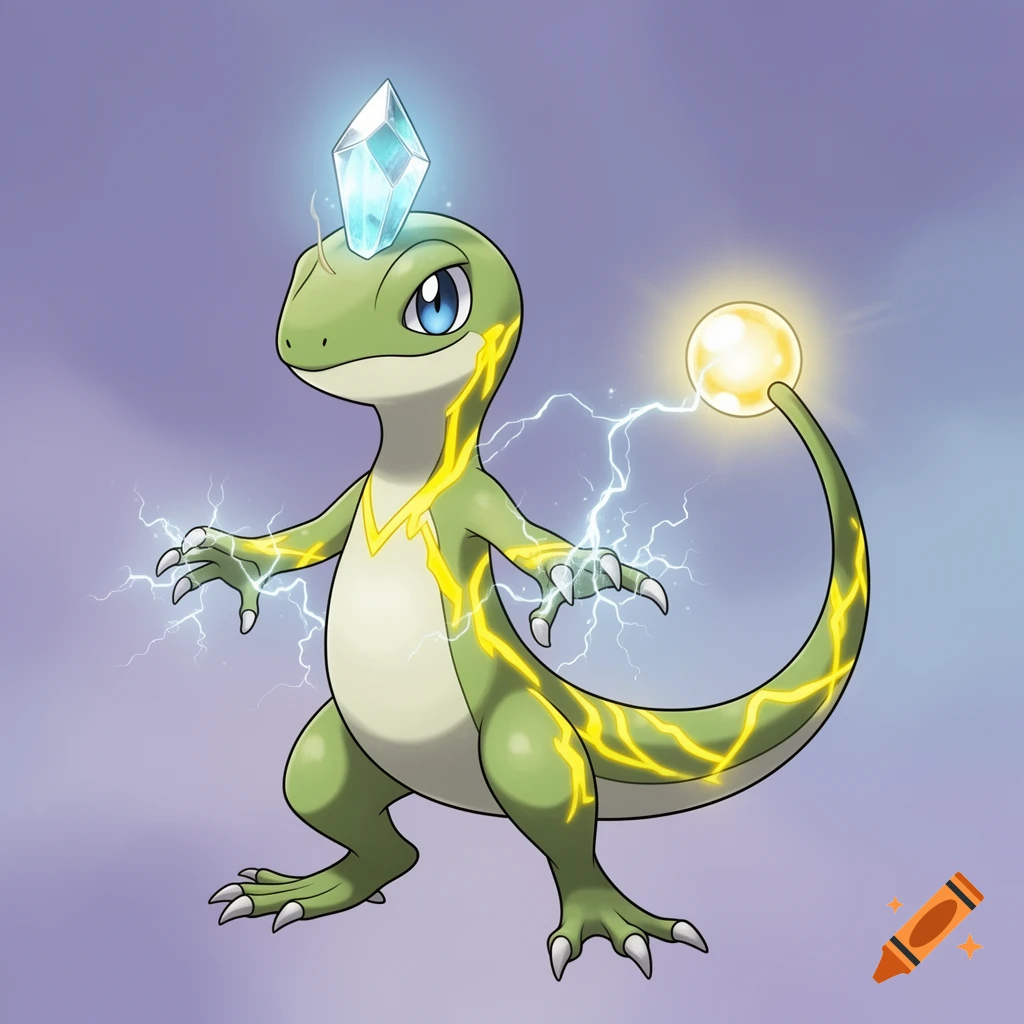 A green, lizard-like electric/psychic Pok acmon with a crystal horn and glowing tail orb, surrounded by lightning, in Ken Sugimori style.