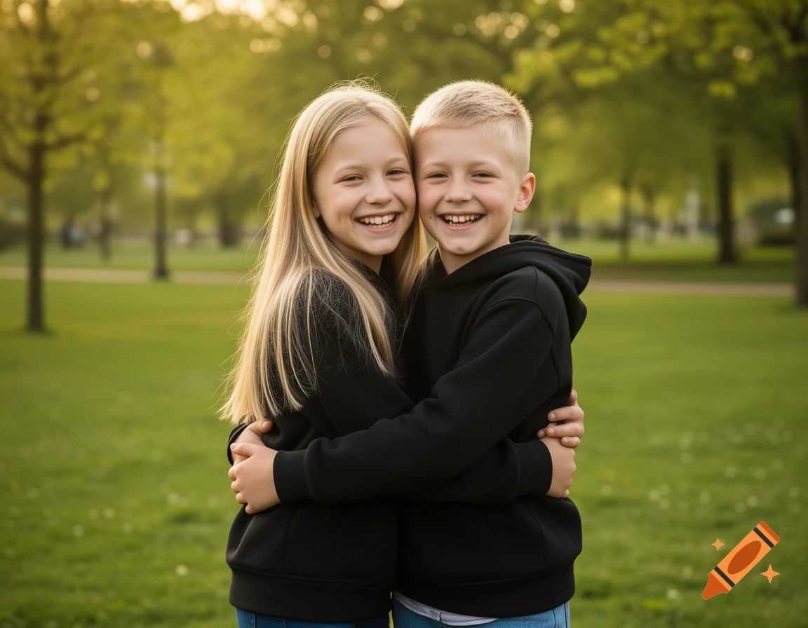 A photorealistic image of a smiling boy and girl hugging in a sunny park.