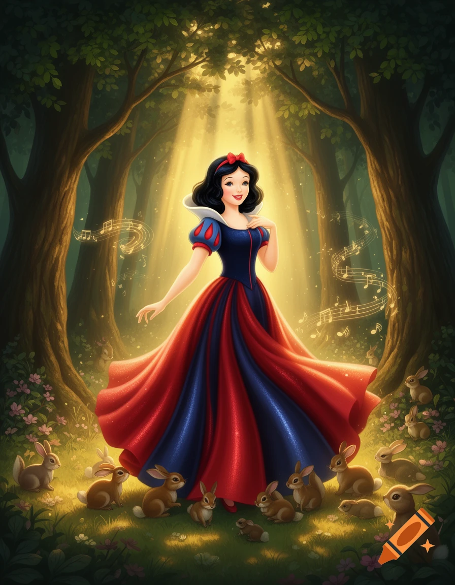 Snow White, wearing her iconic blue and red dress, stands gracefully in a sunlit forest clearing, surrounded by bunnies and musical notes floating around her.