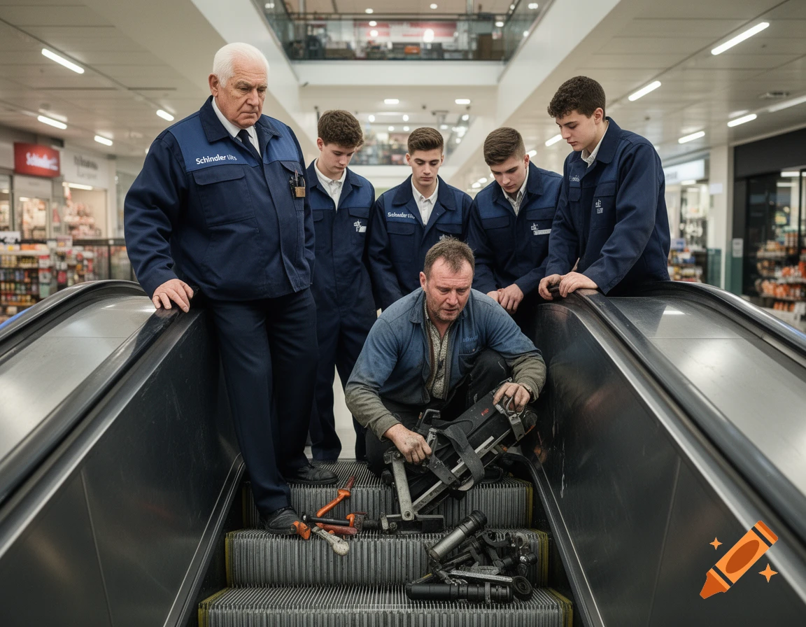 A man repairs an escalator while an older man and four younger workers watch in a photorealistic style.