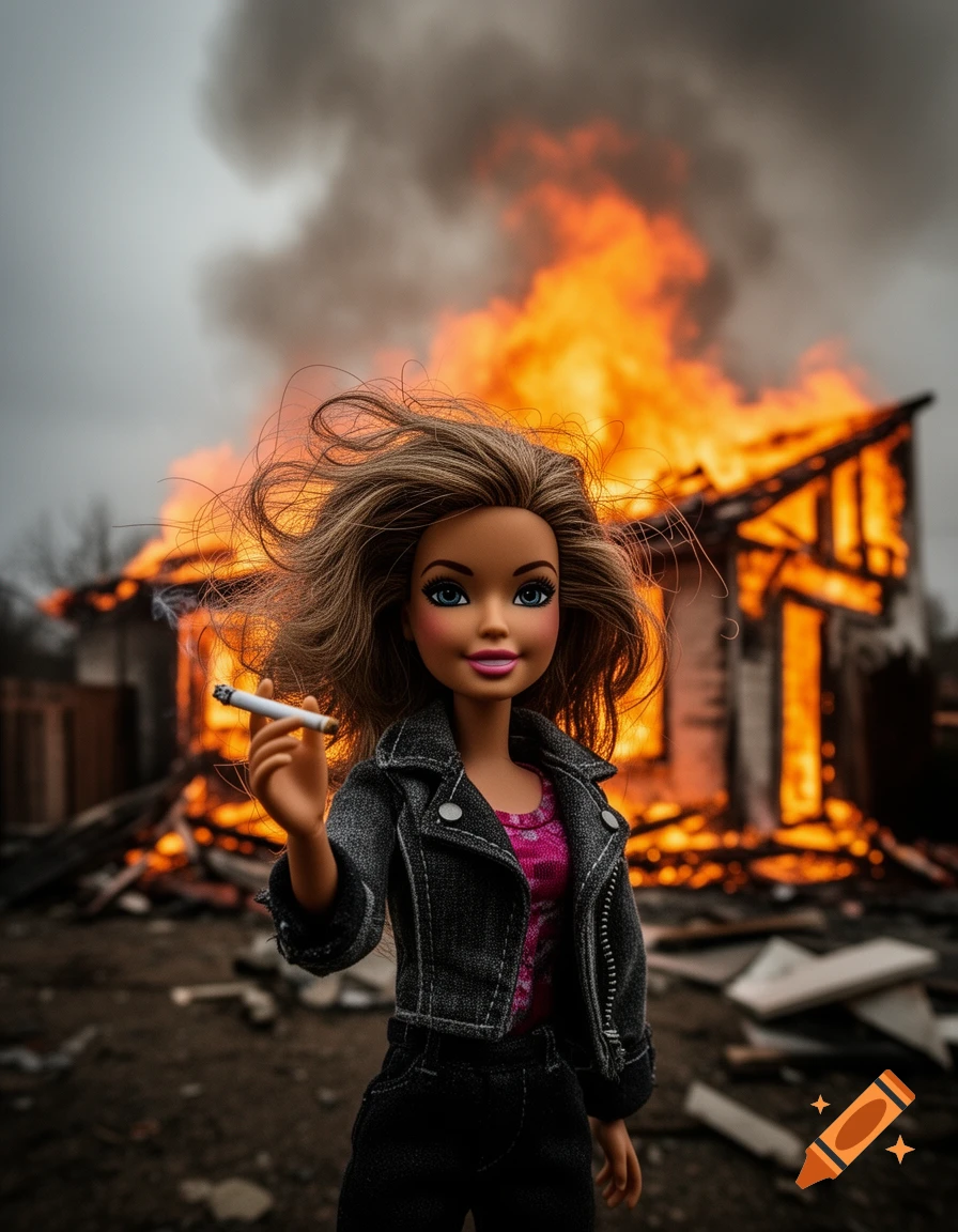 Barbie doll in a denim jacket smoking a cigarette in front of a burning house, grunge style.