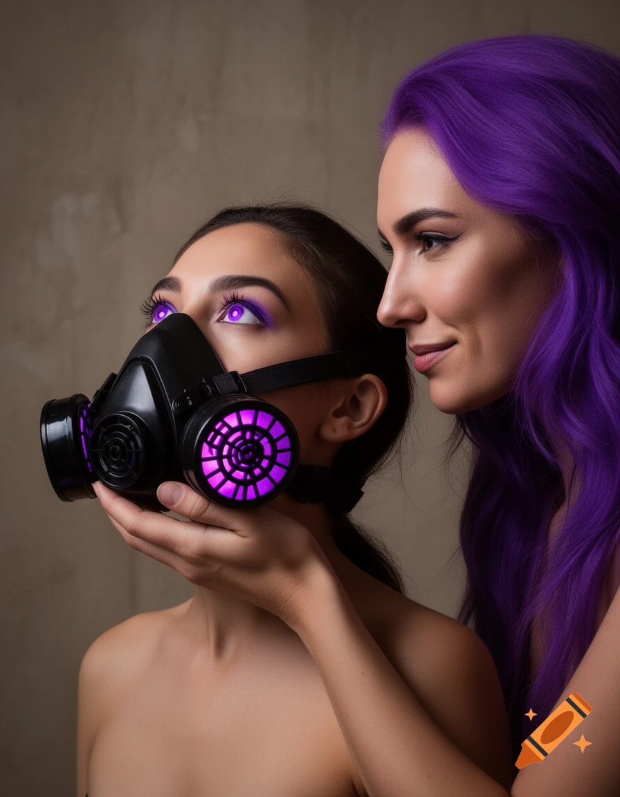 Two bare-shouldered women. One wears a black respirator mask with glowing purple lights and has glowing purple eyes, looking up. The other, with purple hair, holds her chin.