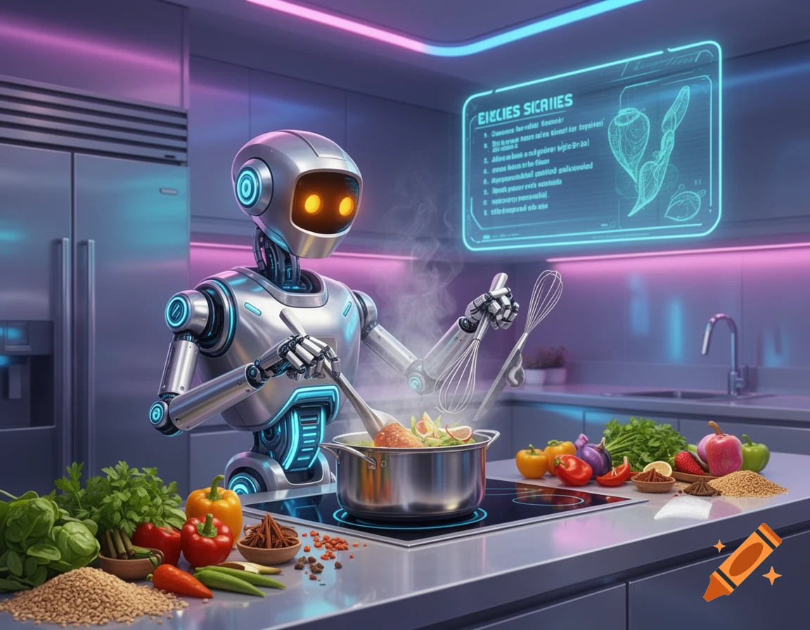 A futuristic robot cooks food in a pot on a stove in a neon-lit modern kitchen, with a holographic recipe screen.