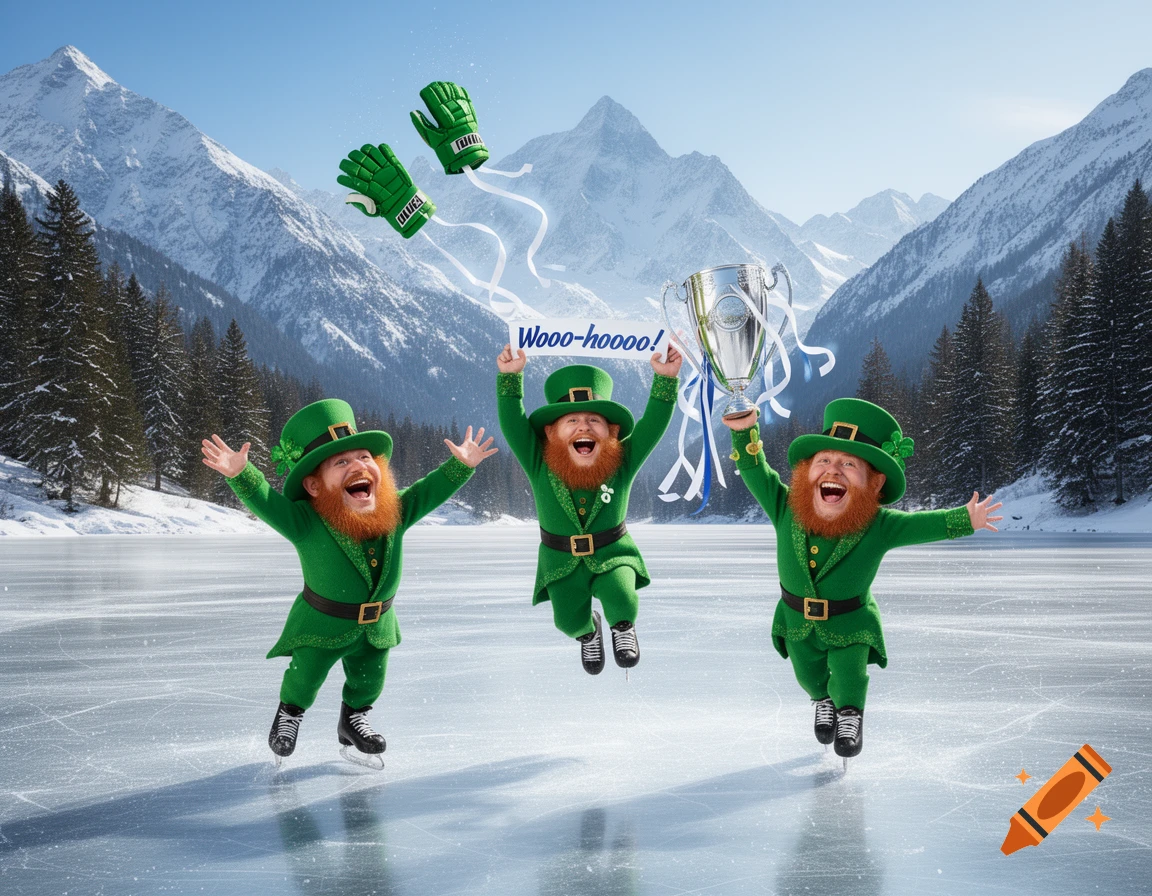 Three cheerful leprechauns ice skating on a frozen lake in the snowy Alps, one holding a trophy and banner saying "Wooo-hooooo!", another throwing green gloves.