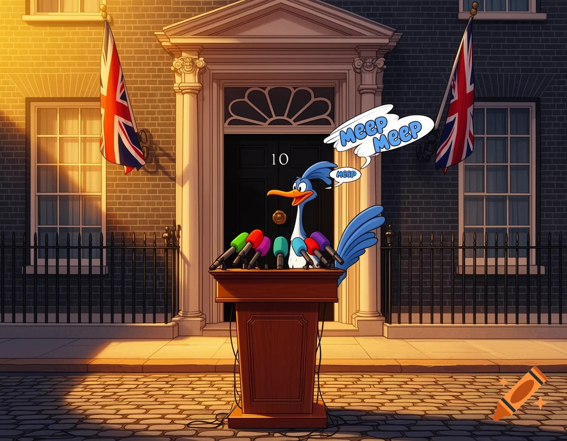 Road Runner cartoon character speaking at a podium outside 10 Downing Street with British flags, cartoon style.