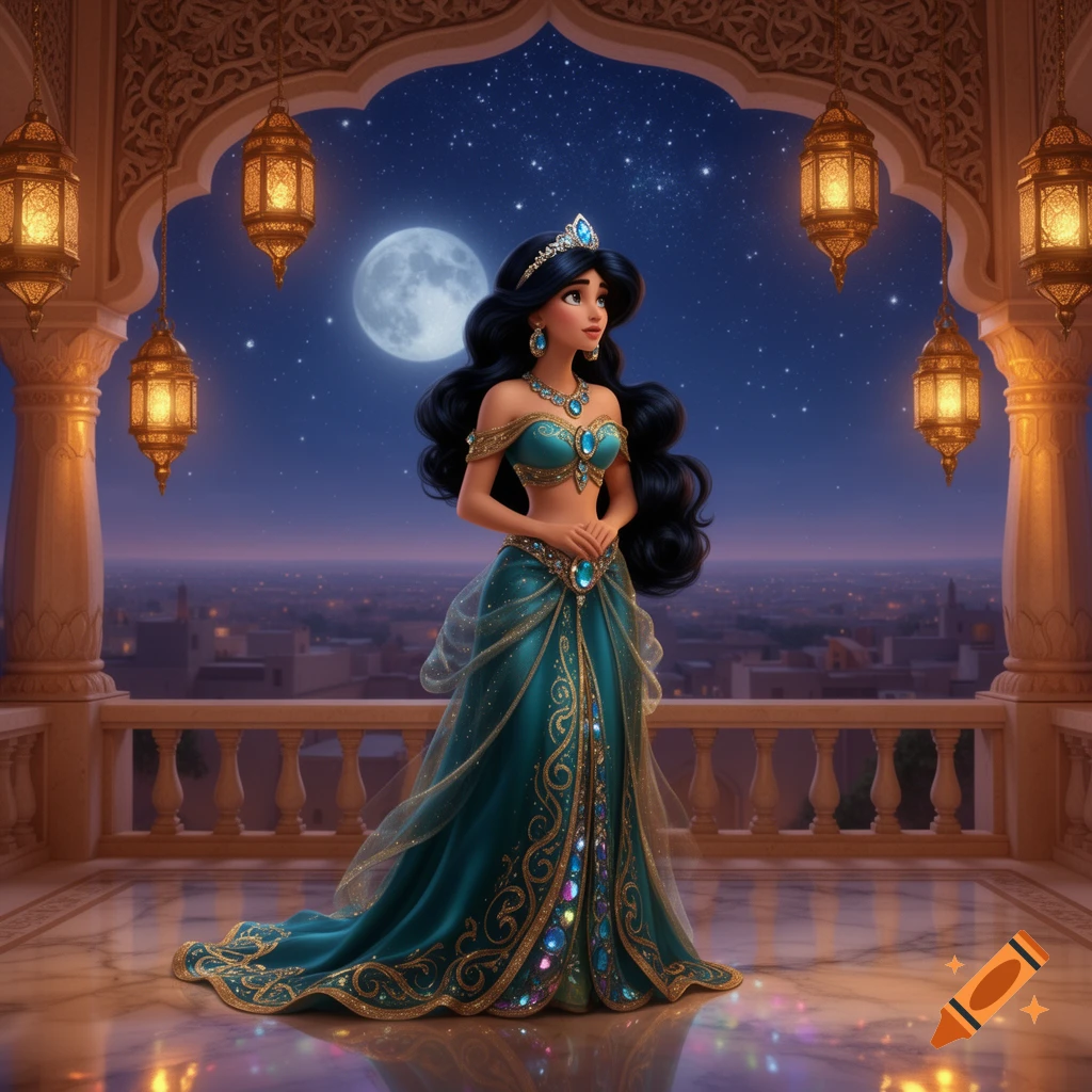 Princess Jasmine in her teal gown stands on an ornate balcony at night, looking up at a full moon over a city, with glowing lanterns.
