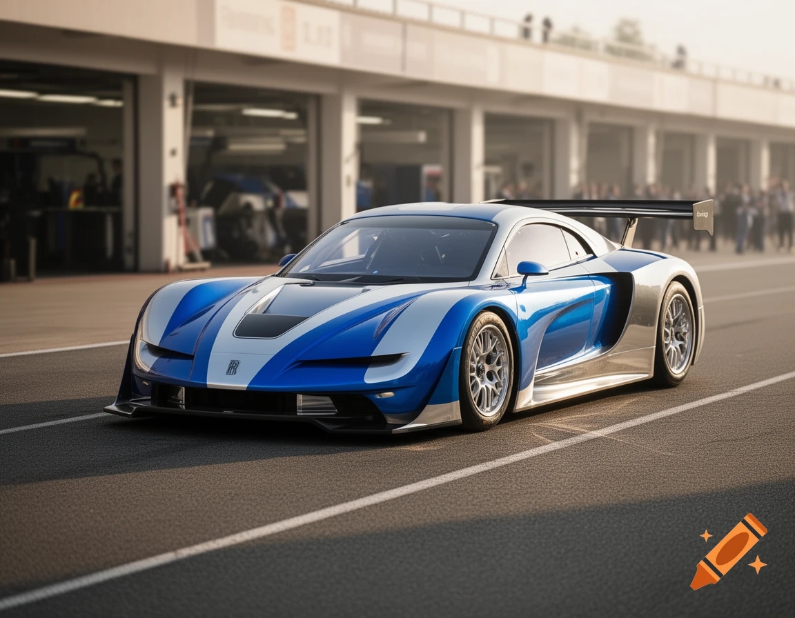 A photorealistic front three-quarter view of a blue and white race car with a large rear spoiler, parked on a racetrack in front of pit garages.
