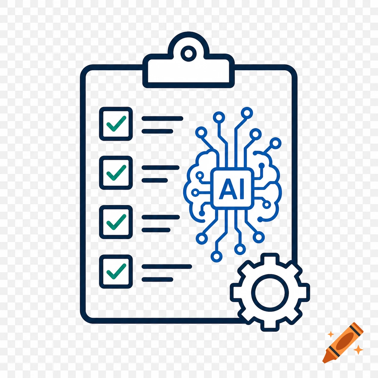 Professional vector icon of a clipboard with a checklist, a circuit board brain with 'AI' text, and a gear.