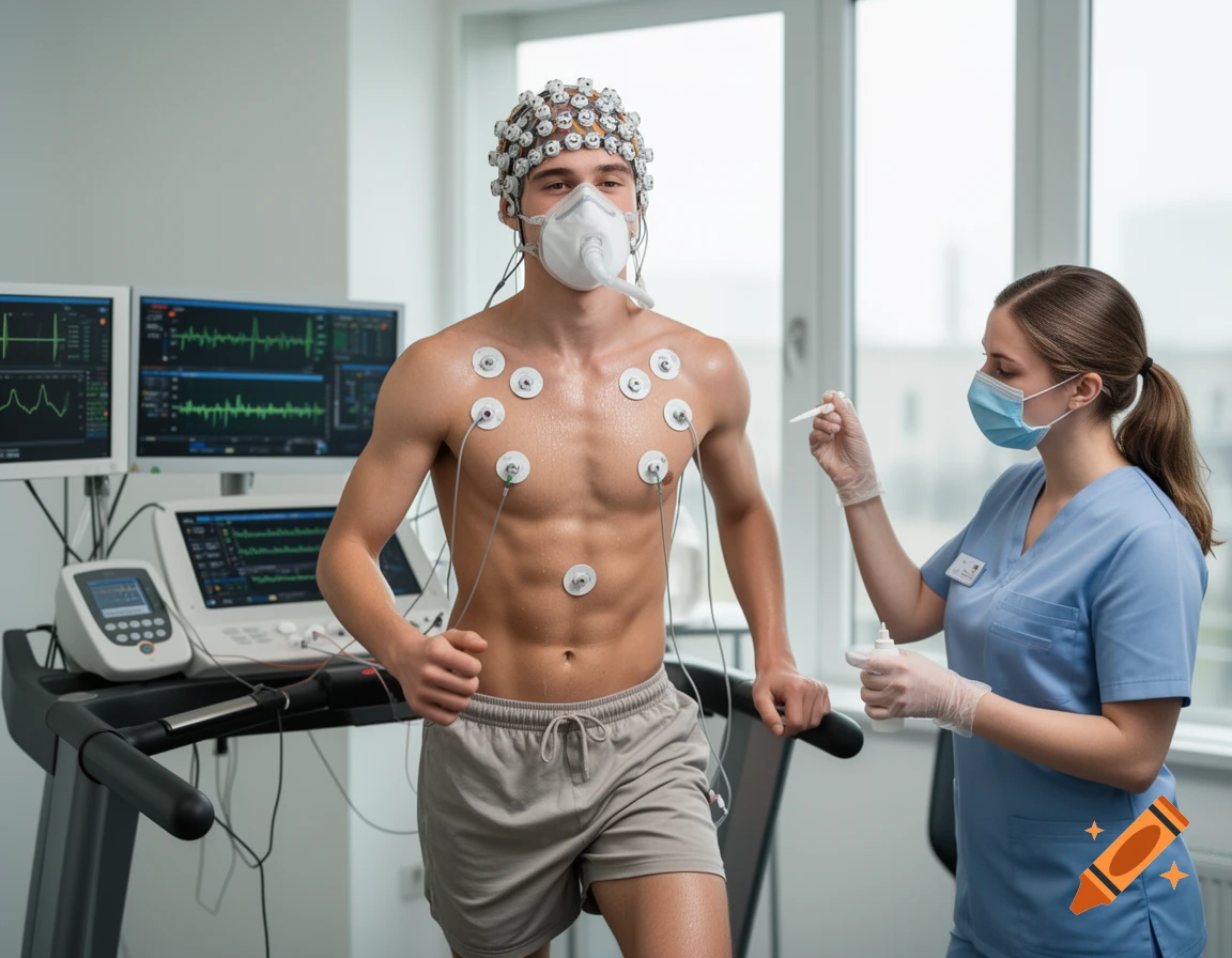 A man on a treadmill with EEG cap and EKG electrodes, undergoing a stress test monitored by a nurse in a modern clinic. Photorealistic.