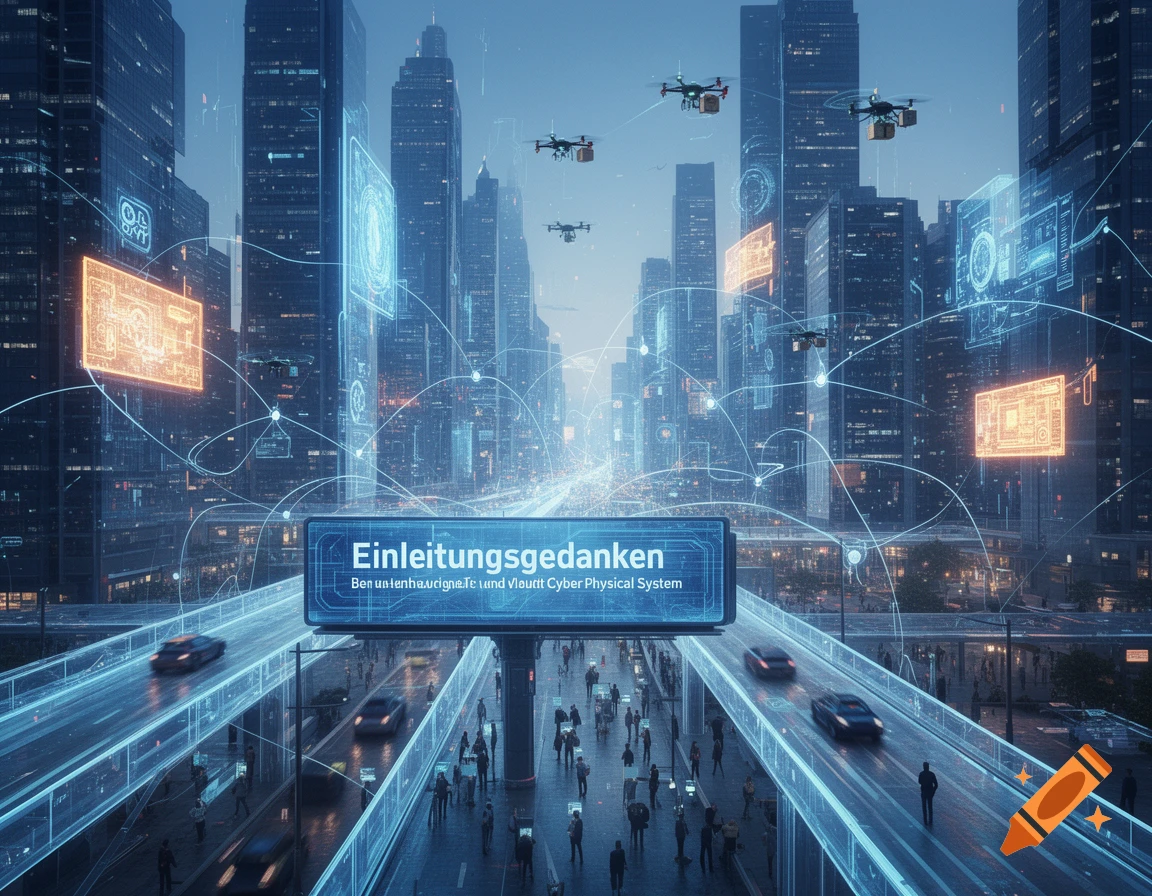 A futuristic city at night, with glowing blue data lines connecting buildings, a highway with cars, drones flying, and a large billboard displaying "Einleitungsgedanken" and partially garbled text.