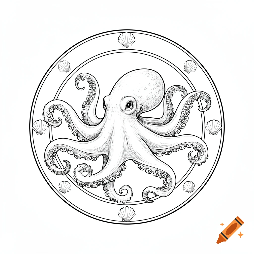 Black and white line art coloring page of a realistic octopus in a circular frame decorated with seashells.
