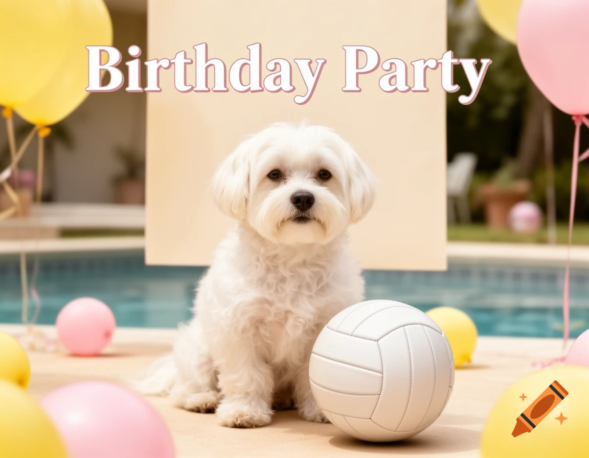 A white Maltese-Havanese dog sits by a pool with pastel pink and yellow balloons, a volleyball, and text "Birthday Party" above.