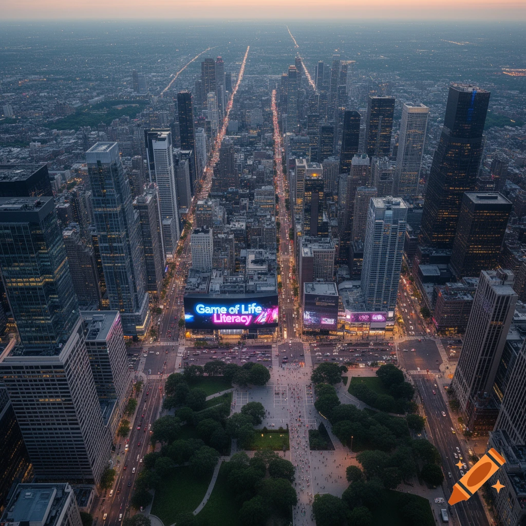 Aerial view of a bustling city at dusk, showing skyscrapers, illuminated streets, a green park, and a large billboard with 'Game of Life Literacy'.