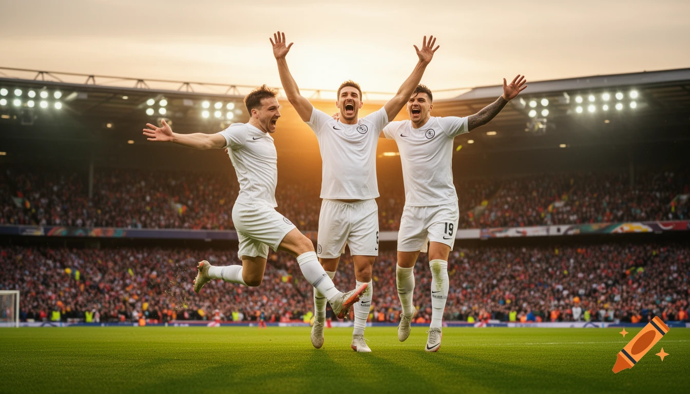 Three professional soccer players in white kits celebrating a goal on a green pitch, arms raised, with a packed stadium crowd and golden hour lighting.